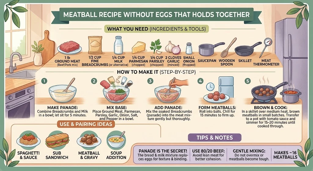 If you need a meatball recipe without eggs, you can still make tender, flavorful meatballs that hold their shape. The trick is using a properly hydrated breadcrumb binder instead of relying on eggs. This recipe uses ground beef, breadcrumbs, milk, Parmesan, onion,