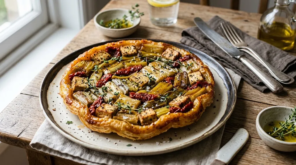 Upside Down Caramelized Leek Tart with Tofu & Sun-Dried Tomatoes