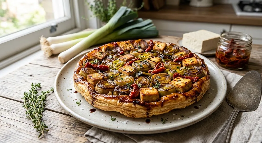 Upside Down Caramelized Leek Tart with Tofu and Sun-Dried Tomatoes