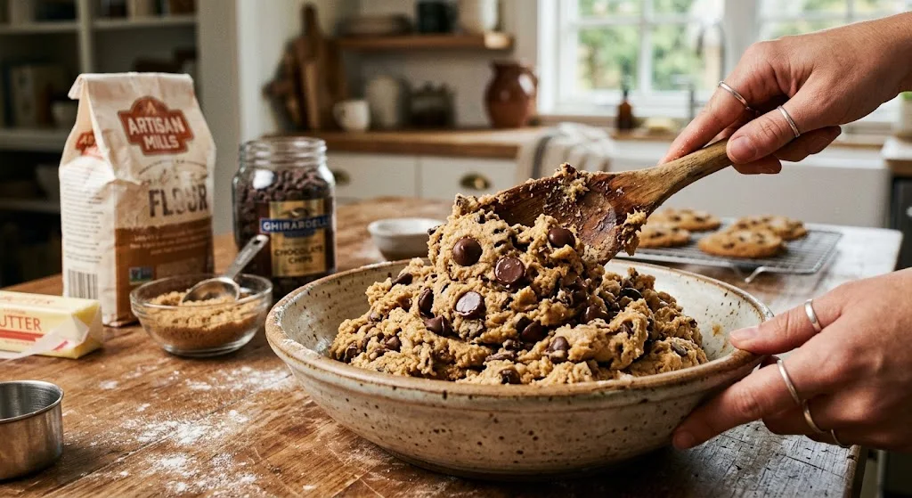 Freshly baked chocolate chip cookies with golden edges and melted chocolate